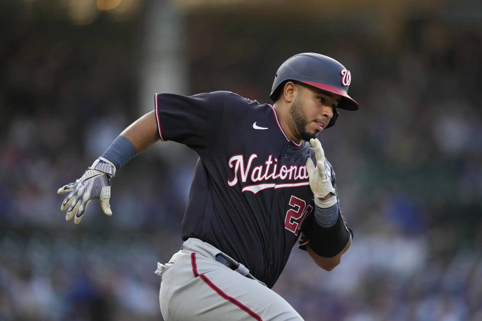 Washington Nationals' Keibert Ruiz heads to second on his double off Chicago Cubs starting pitcher Drew Smyly during the first inning of a baseball game Monday, July 17, 2023, in Chicago. (AP Photo/Charles Rex Arbogast)