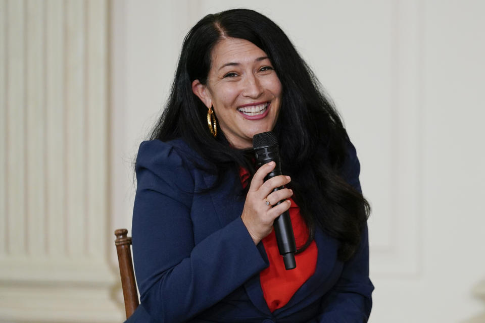 Ada Limón, 24th Poet Laureate of the United States, speaks during an event for the Class of 2022 National Student Poets at the White House in Washington Tuesday, Sept. 27, 2022. (AP Photo/Carolyn Kaster)