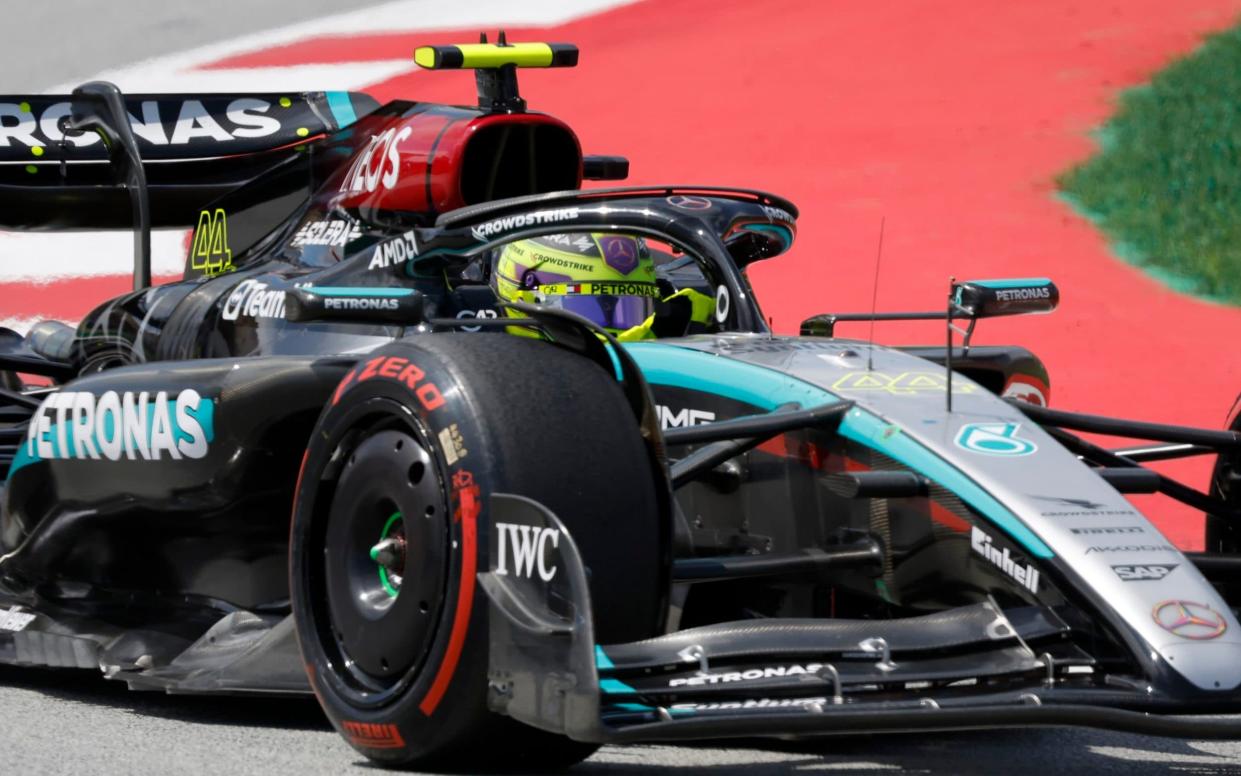 Mercedes driver Lewis Hamilton of Britain steers his car during the Formula 1 Spanish Grand Prix race at the Barcelona Catalunya racetrack in Montmelo, near Barcelona, Spain, Sunday, June 23, 2024