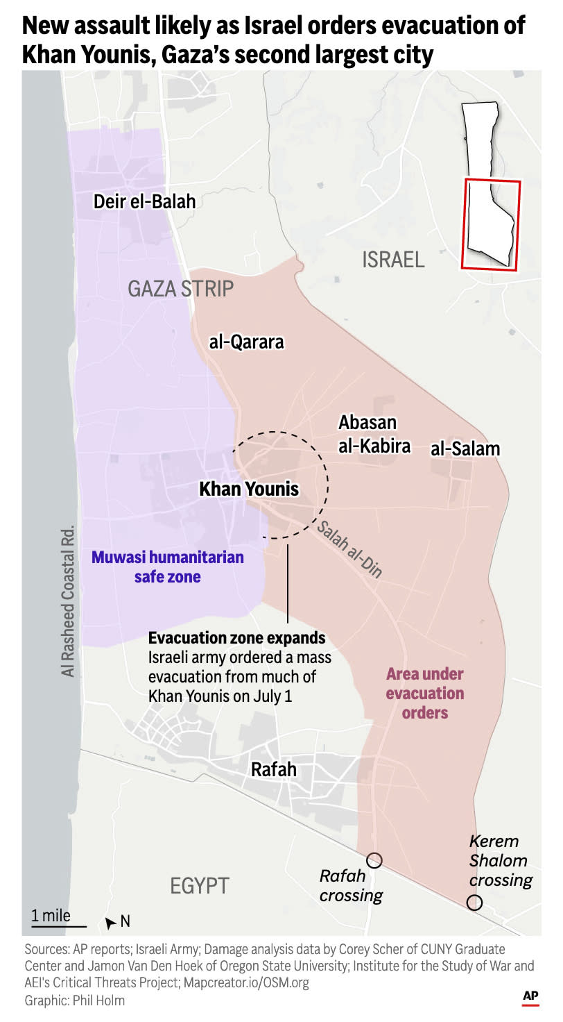 The map above shows the expanded evacuation zones announced by Israel inside of the Gaza Strip on July 1. (AP Digital Embed)