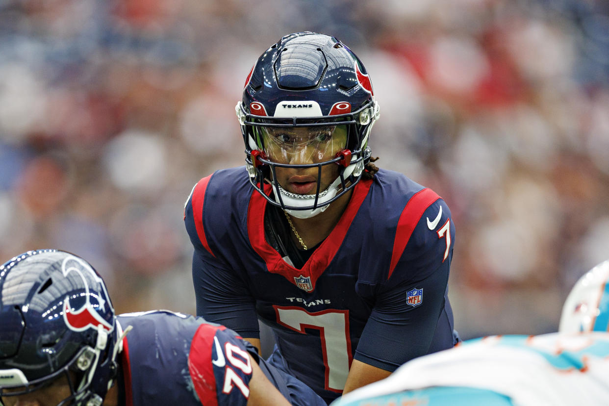 HOUSTON, TEXAS - AUGUST 19: C.J. Stroud #7 of the Houston Texans looks over the offense during the preseason game against the Miami Dolphins at NRG Stadium on August 19, 2023 in Houston, Texas. The Dolphins defeated the Texans 28-3.  (Photo by Wesley Hitt/Getty Images)