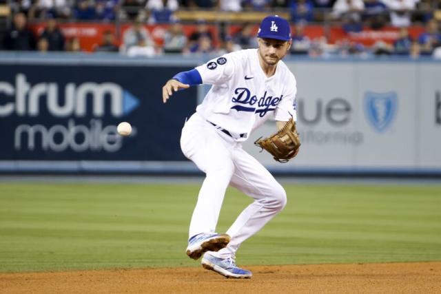 Los Angeles Dodgers shortstop Trea Turner (6) looks on during an MLB  regular season game against the Atlanta Braves, Wednesday, April 20th,  2022, in L Stock Photo - Alamy