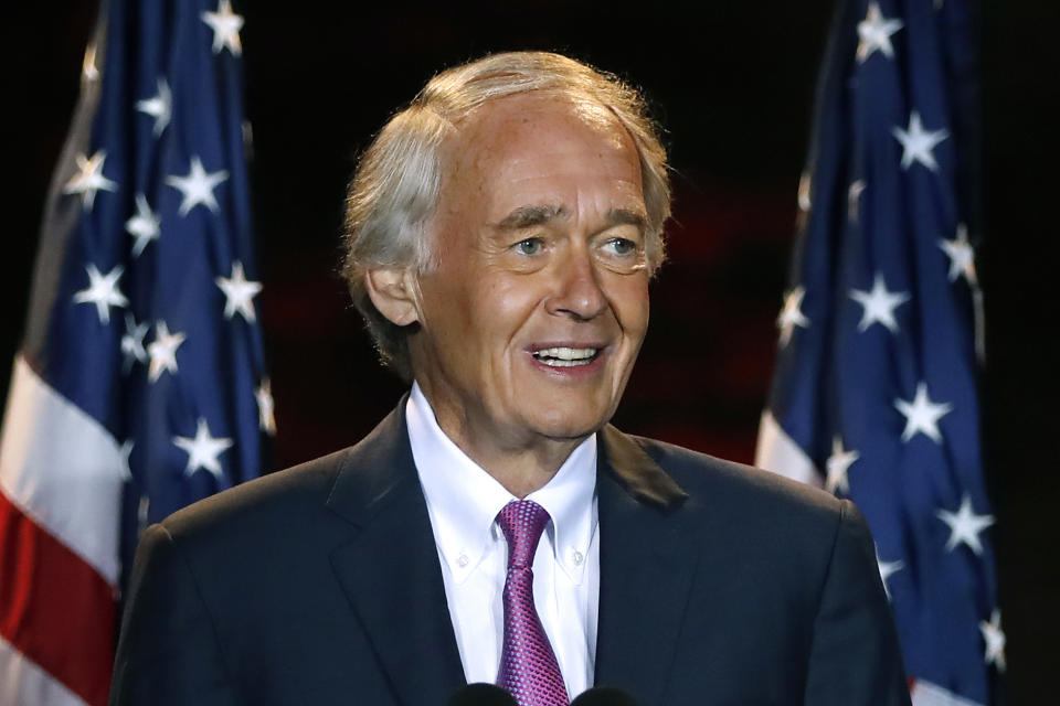 Incumbent U.S. Sen. Edward Markey speaks, Tuesday, Sept. 1, 2020, in Malden, Mass., after defeating U.S. Rep. Joe Kennedy III in the Massachusetts Democratic Senate primary. (AP Photo/Michael Dwyer)