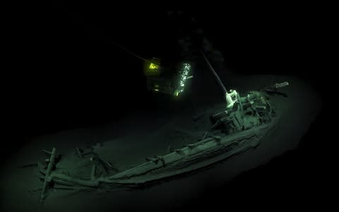 The remains of the ship laying on the sea bed at the bottom of the Black Sea near Bulgaira - Credit: AFP