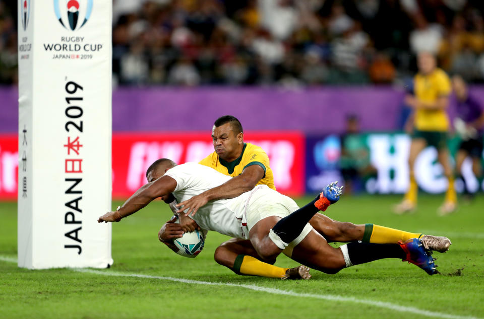 England's Kyle Sinckler (bottom) scores his sides third try during the 2019 Rugby World Cup Quarter Final match at Oita Stadium, Oita, Japan. (Photo by David Davies/PA Images via Getty Images)