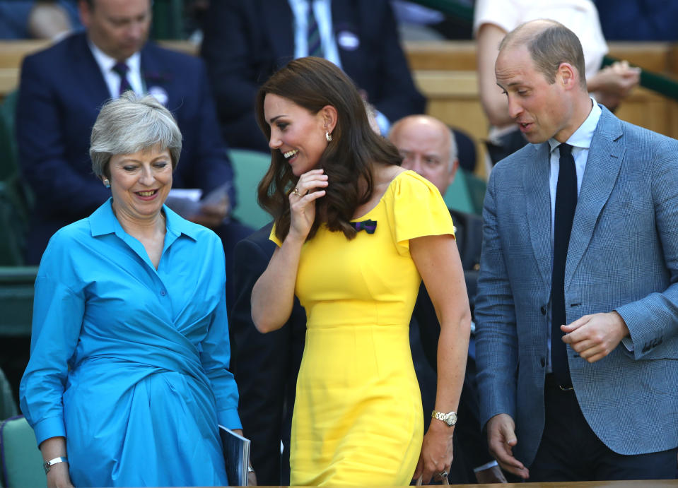 The Duke and Duchess of Cambridge and Theresa May in the royal box on centre court on day thirteen of the Wimbledon Championships at the All England Lawn Tennis and Croquet Club, Wimbledon. (Photo by John Walton/PA Images via Getty Images)