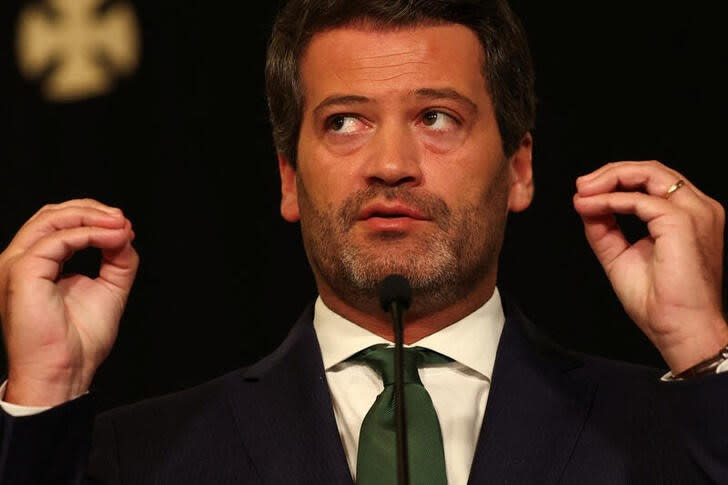 FILE PHOTO: Far right political party Chega leader Andre Ventura talks to the press after meeting with Portugal President Marcelo Rebelo de Sousa in Belem Palace