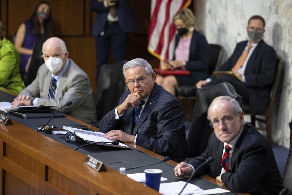 Members of the Senate Foreign Relations Committee, from left, Sen. Ben Cardin, D-Md., Sen. Bob Menendez, D-N.J., and Sen. Jim Risch, R-Idaho, meet on Capitol Hill in Washington, Wednesday, Aug. 4, 2021. (AP Photo/Amanda Andrade-Rhoades)