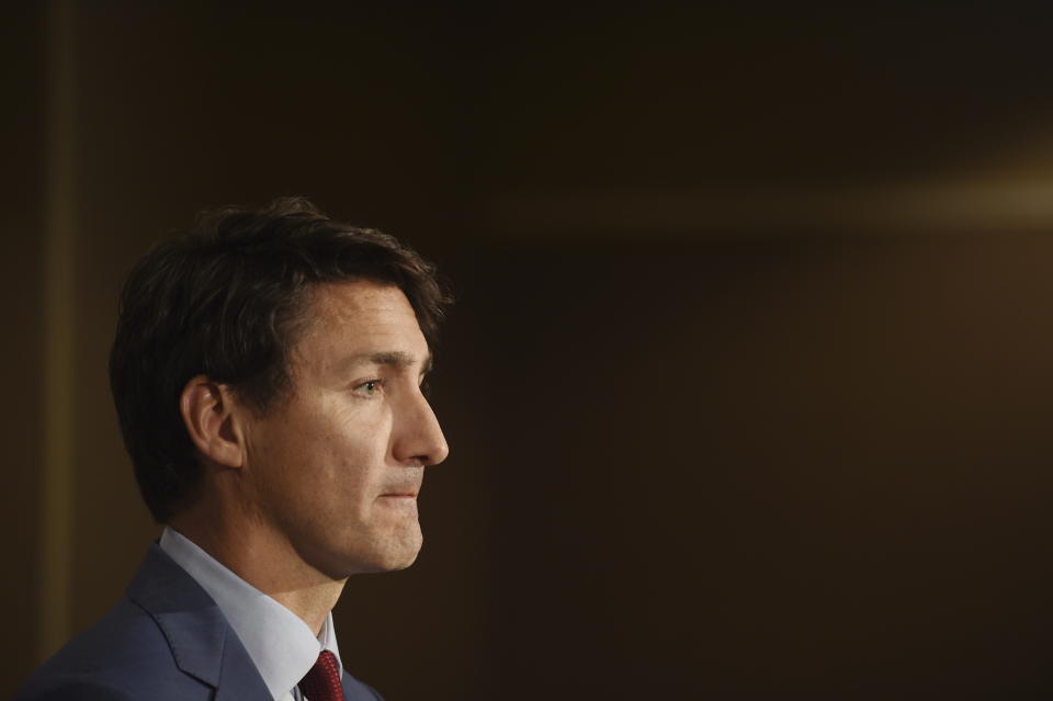 Liberal Leader and Canadian Prime Minister Justin Trudeau makes a policy announcement promising to ban all military-style assault rifles as part of a broader gun-control plan that will also take steps towards restricting and banning handguns in Toronto on Friday, Sept. 20, 2019. Trudeau's campaign moved to contain a growing furor Thursday after a yearbook photo surfaced of him in brownface at a 2001 "Arabian Nights" costume party and two other similar incidents came to light. (Sean Kilpatrick/The Canadian Press via AP)