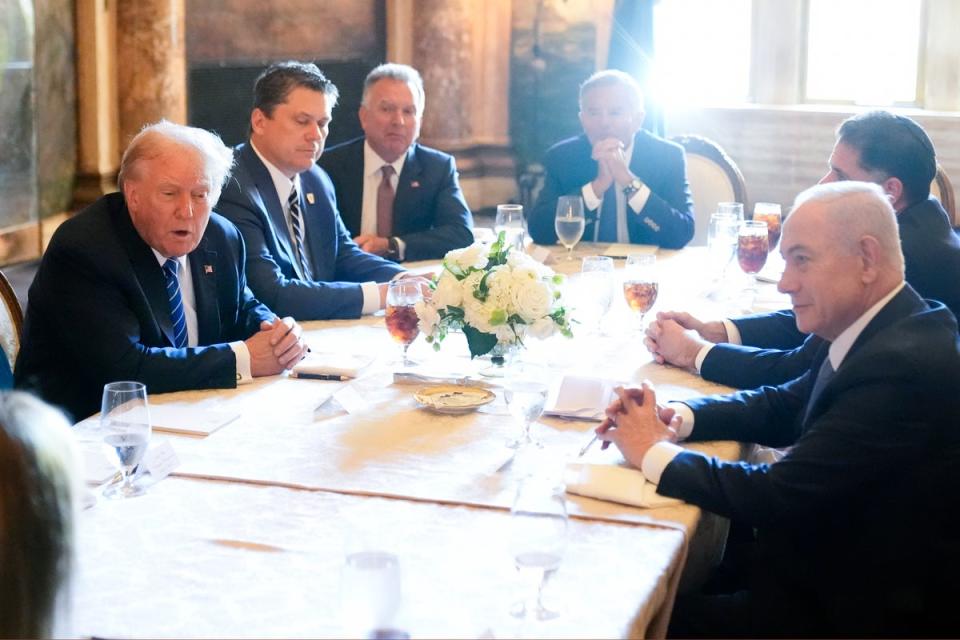 Republican presidential candidate former President Donald Trump meets with Israeli Prime Minister Benjamin Netanyahu at his Mar-a-Lago estate, Friday, July 26, 2024, in Palm Beach (AP)