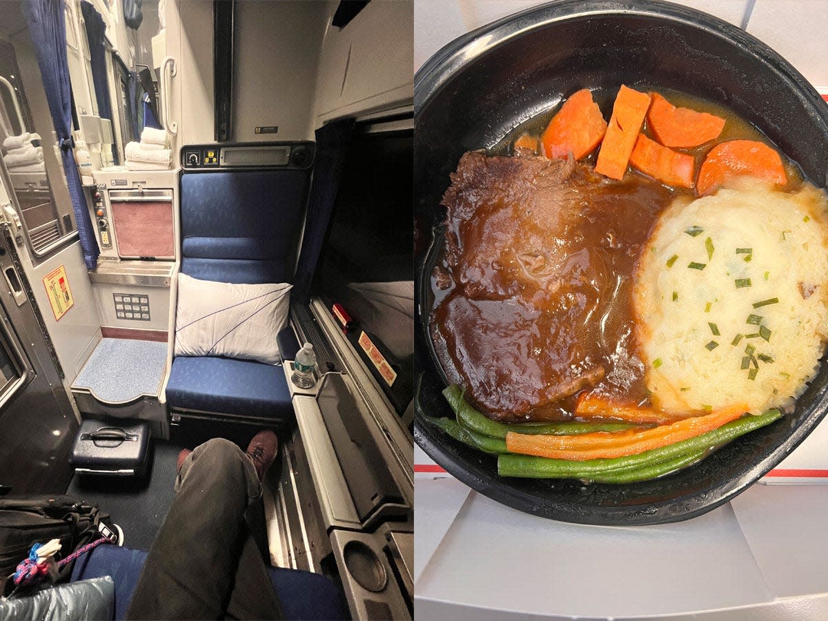 A composite image of the author sitting in an Amtrak roomette next to the image of a beef and short rib dinner