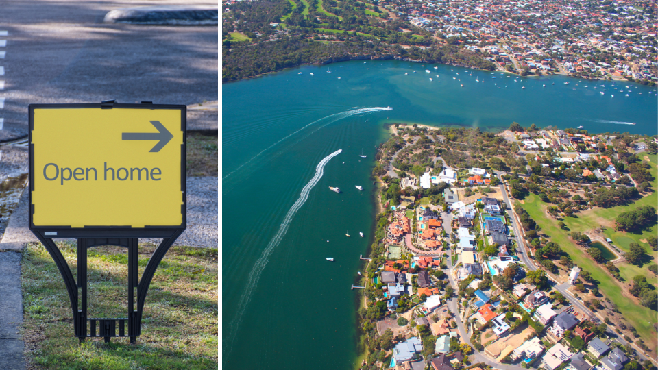 An open home sign and an aerial view of a regional property area in Australia.