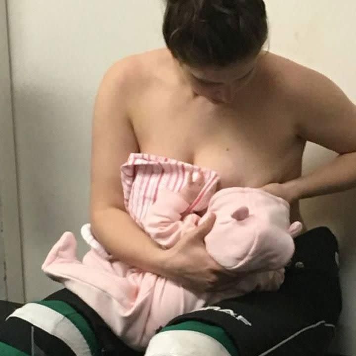 Canadian hockey player Serah Small admits she was initially afraid to share a photo of herself breastfeeding in the changing room during one of her games. Source: Facebook/Serah Small