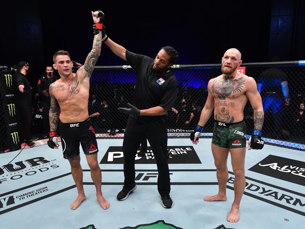 Dustin Poirier reacciona tras vencer a Conor McGregor (Zuffa LLC)