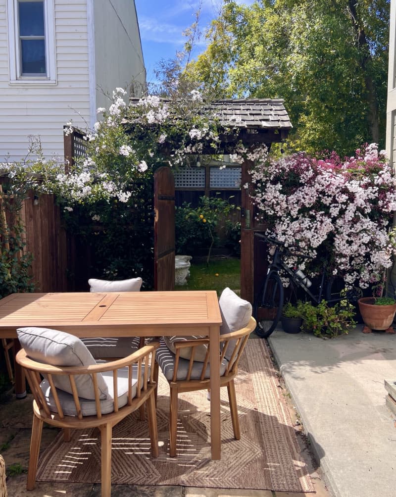 Floral garden wall, simple modern wood outdoor table with large cushions and outdoor jute rug