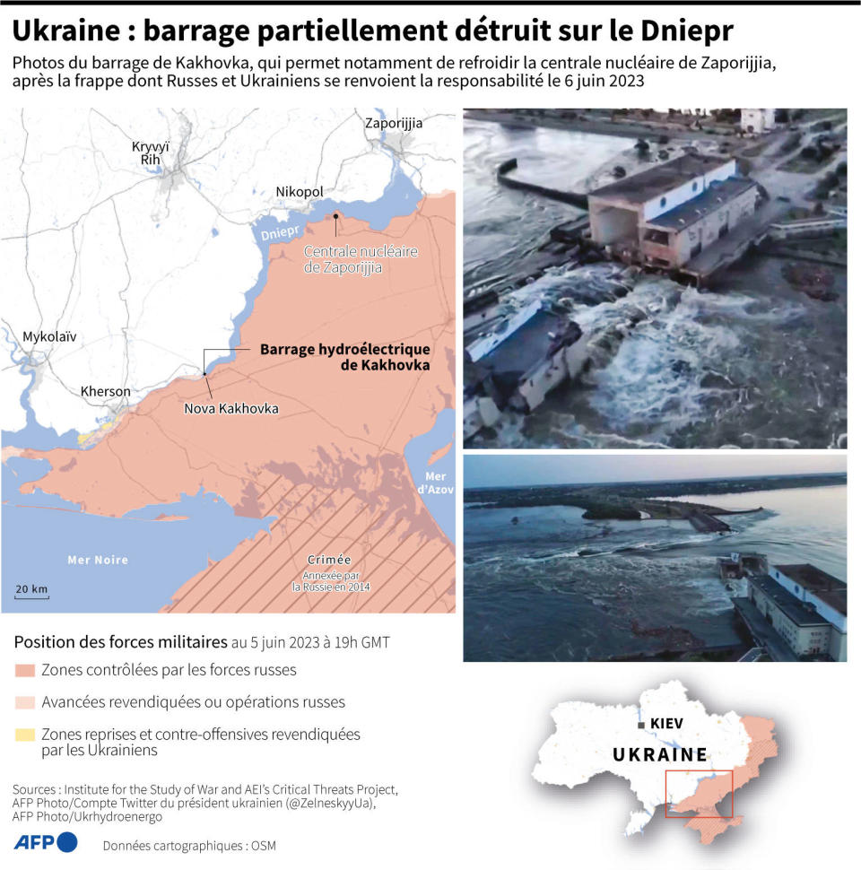 La carte de la région d’Ukraine où a été détruit le barrahe de Kakhovka mardi 6 juin 2023. 
