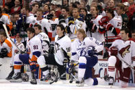 OTTAWA, ON - JANUARY 28: (L-R) John Tavares #91 of the New York Islanders, James Neal #18 of the Pittsburgh Penguins and Steven Stamkos #91 of the Tampa Bay Lightning and team Alfredsson kneel on the ice during the 2012 Molson Canadian NHL All-Star Skills Competition at Scotiabank Place on January 28, 2012 in Ottawa, Ontario, Canada. (Photo by Christian Petersen/Getty Images)