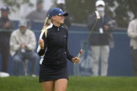 Matilda Castren, of Finland, reacts after making the final putt at the Lake Merced Golf Club to win the LPGA Mediheal Championship golf tournament, Sunday, June 13, 2021, in Daly City, Calif. (AP Photo/Tony Avelar)