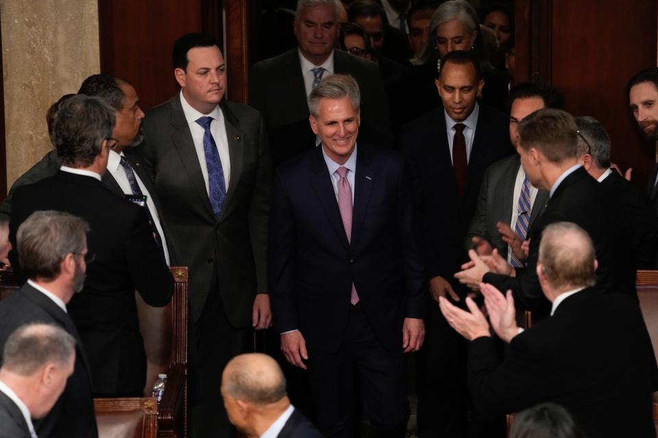 Jan. 7, 2023; Washington, DC, USA; Kevin McCarthy, R-Calif., enters the House of Representatives after being elected speaker in the 15th ballot. Mandatory Credit: Jack Gruber-USA TODAY