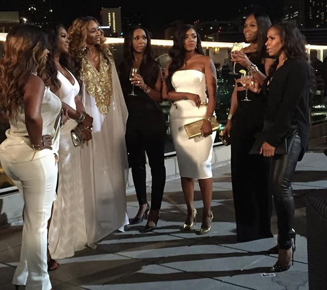 Things are heating up once again in the ATL! The <em>Real Housewives of Atlanta</em> began filming season eight Friday night, kicking off the next batch of episodes with Cynthia Bailey's eyewear launch party. <strong>WATCH: Kandi Burruss is Pregnant</strong> The big news is that even though Nene Leakes and Claudia Jordan won't be back, Cynthia, Kandi Burruss, Phaedra Parks and Kenya Moore have all returned. Porsha Williams, Sheree Williams and Marlo Hampton were also spotted at the event, which means we'll be seeing more of them when <em>RHOA</em> returns. This is specially since they've already made their presence known -- Portia and Marlo got into an argument with Cynthia's husband Peter Thomas at the party! Sheree and Keyna didn't let them hot the entire spotlight, however -- they <em>also</em> got into a huge fight, with one throwing water at the other. There's no rest for the catty! <strong>WATCH: The <em>Hotwives</em> Head to Las Vegas in Season 2 Trailer</strong> There's no word yet on if <em>Facts of Life</em> alum Kim Fields is officially joining <em>RHOA</em>, despite the rumors currently going around that she'll be a part of the cast. Then again, there have also been rumblings that Nene will pop up here and there during this next season, and who can argue if that happens? Well, the ladies of <em>RHOA</em> just might… Burruss recently announced that she's pregnant with her second child. Find out more in the video below.