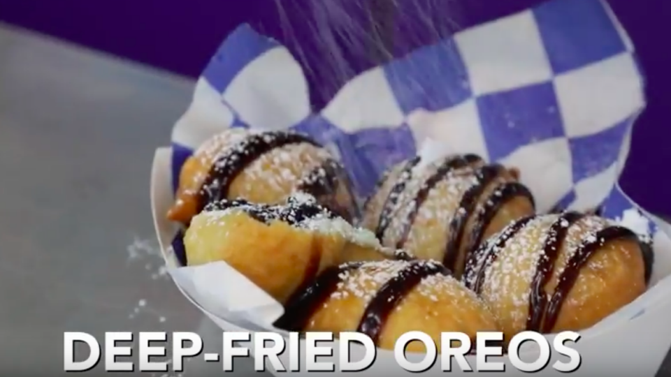 Deep-fried oreos are covered in a layer of pancake batter. Source: Be