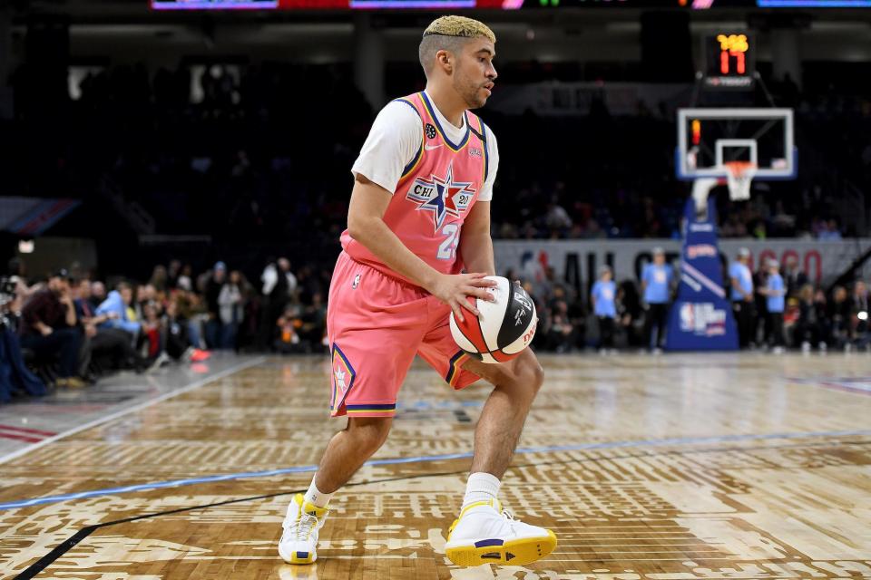 Bad Bunny #29 of Team Wilbon dribbles the ball during the 2020 NBA All-Star Celebrity Game Presented By Ruffles at Wintrust Arena on February 14, 2020 in Chicago, Illinois.