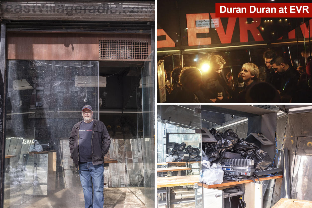 EVR’s program manager Brian Turner on the left outside the radio station, Duran Duran in the studio upper right, and studio equipment on the lower right.