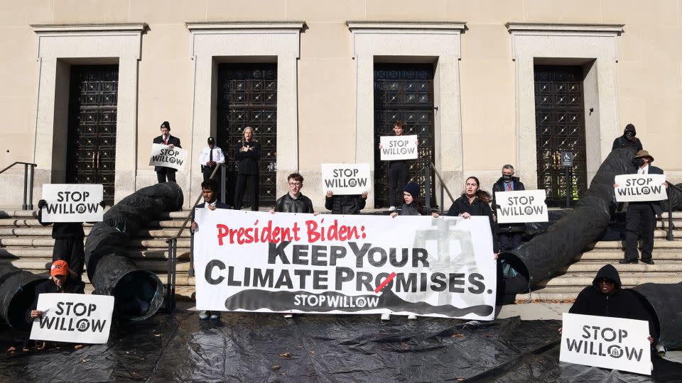 Climate activists hold a demonstration to urge US President Joe Biden to reject the Willow Project at the US Department of Interior on November 17, 2022 in Washington, DC. - Jemal Countess/Getty Images