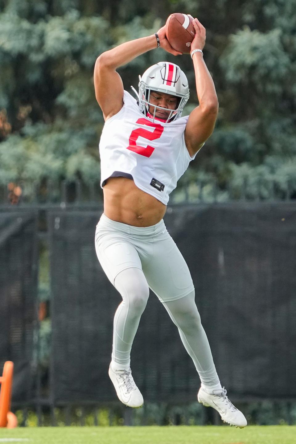 Aug 4, 2022; Columbus, OH, USA;  Ohio State Buckeyes safety Kourt Williams II (2) catches a ball during the first fall football practice at the Woody Hayes Athletic Center. Mandatory Credit: Adam Cairns-The Columbus Dispatch