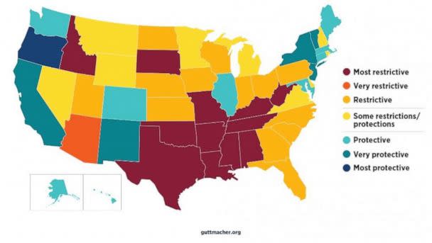 PHOTO: A map by Guttmacher Institute shows state abortion policies in effect as of Dec. 12, 2022. (Guttmacher Institute)