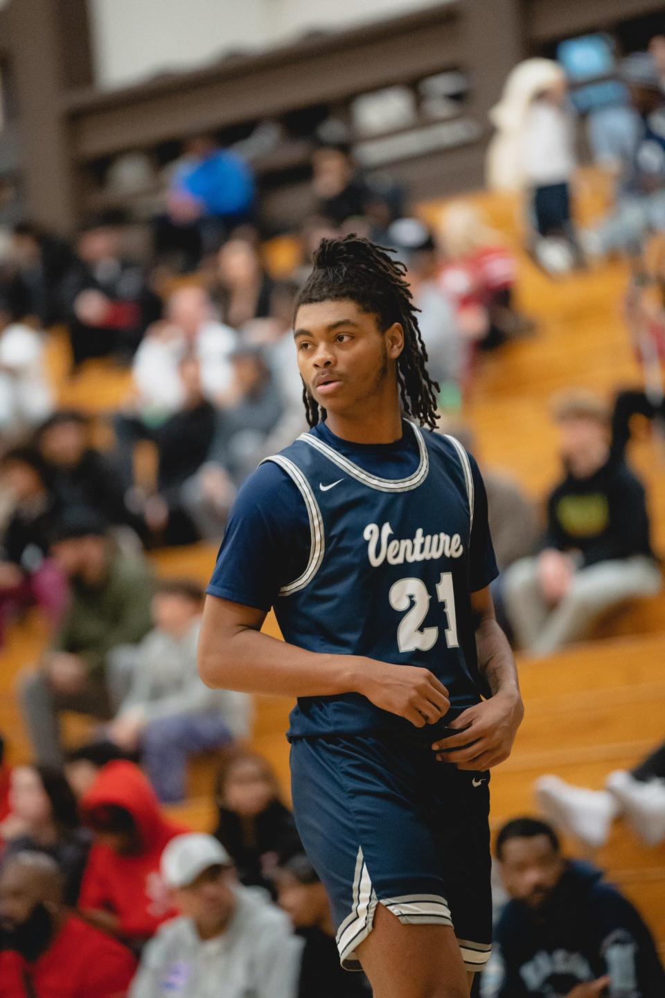 Ray Wiggins of Venture Academy boys' basketball prepares to enter the game during one of the Mustangs games in the 2023-24 season.