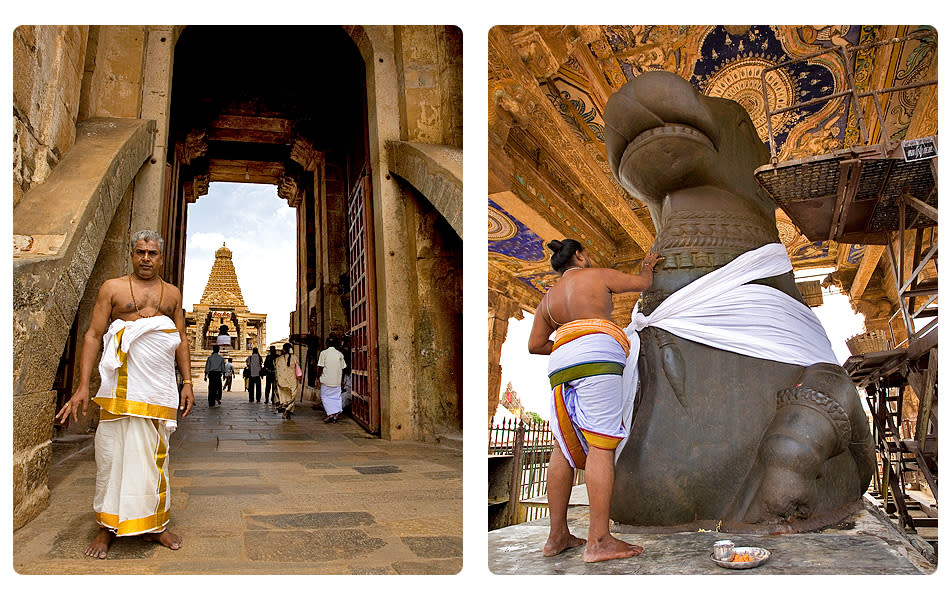 Temple priests at the Big Temple in Thanjavur. The massive Nandi bull made of smoothened granite stone is sanctified daily.