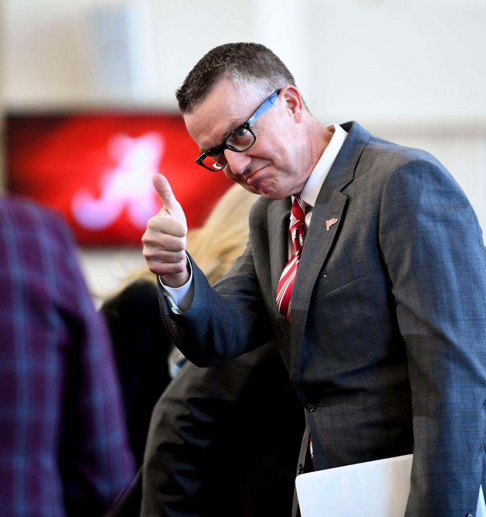 Jan 13, 2024; Tuscaloosa, AL, USA; The University of Alabama introduced new head football coach Kalen DeBoer with a press conference at Bryant-Denny Stadium. Athletics Director Greg Byrne gives a thumbs up during the press conference.