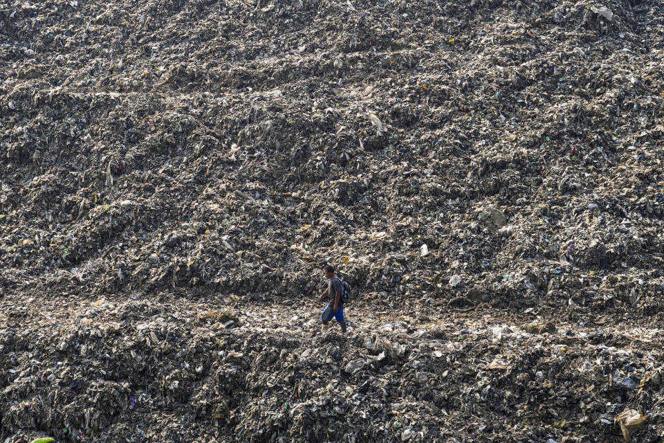 FILE - A wastepicker walks past on a pile of garbage at a landfill in Depok on the outskirts of Jakarta, Indonesia, May 10, 2024. (AP Photo/Tatan Syuflana, File)