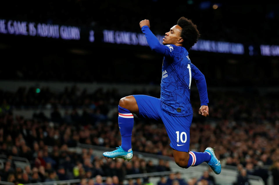 Soccer Football - Premier League - Tottenham Hotspur v Chelsea - Tottenham Hotspur Stadium, London, Britain - December 22, 2019  Chelsea's Willian celebrates scoring their first goal    REUTERS/Eddie Keogh  EDITORIAL USE ONLY. No use with unauthorized audio, video, data, fixture lists, club/league logos or "live" services. Online in-match use limited to 75 images, no video emulation. No use in betting, games or single club/league/player publications.  Please contact your account representative for further details.