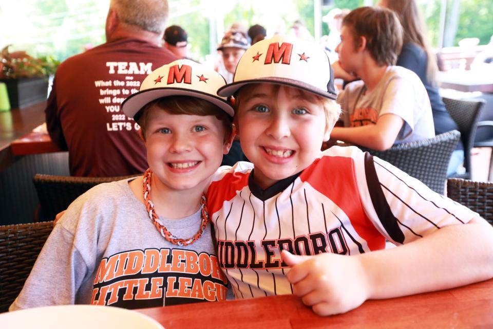 Declan Alchorn and Jackson Newhook at the Boston Tavern on Wednesday, Aug. 17, 2022 during a watch party for the opening game of the Little League World Series for the Middleboro U12 All Stars. Middleboro, representing New England, played Nolensville, Tennessee out of the Southeast. 