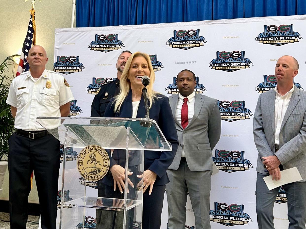 Jacksonville Mayor Donna Deegan opens her news conference on Monday at City Hall to discuss details about the Florida-Georgia football game on Saturday at EverBank Stadium.
