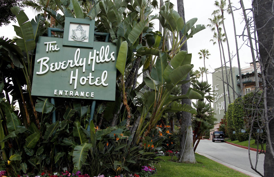 In this April 25, 2012 photo, the entrance to the Beverly Hills Hotel is seen in Beverly Hills, Calif.  The Beverly Hills Hotel is celebrating its 100th anniversary this year. (AP Photo/Matt Sayles)