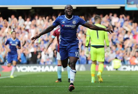 Football Soccer Britain - Chelsea v Burnley - Premier League - Stamford Bridge - 27/8/16 Chelsea's Victor Moses celebrates scoring their third Reuters / Eddie Keogh Livepic