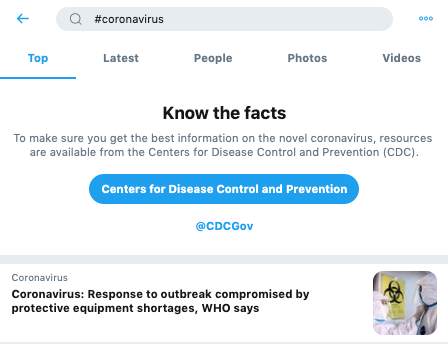 Twitter launched a dedicated search prompt to provide credible, authoritative information about the coronavirus. (Photo: Twitter)