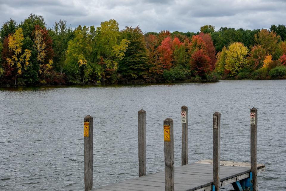 Paddling on Lake Ovid in Sleepy Hollow State Park in Clinton County is a good way to enjoy the fall colors. The large no-wake lake is popular with fishermen and paddlers alike and the trails around the lake and the park are another way to see the spectacular fall foliage which is just starting to turn Sunday, Oct. 15, 2023.