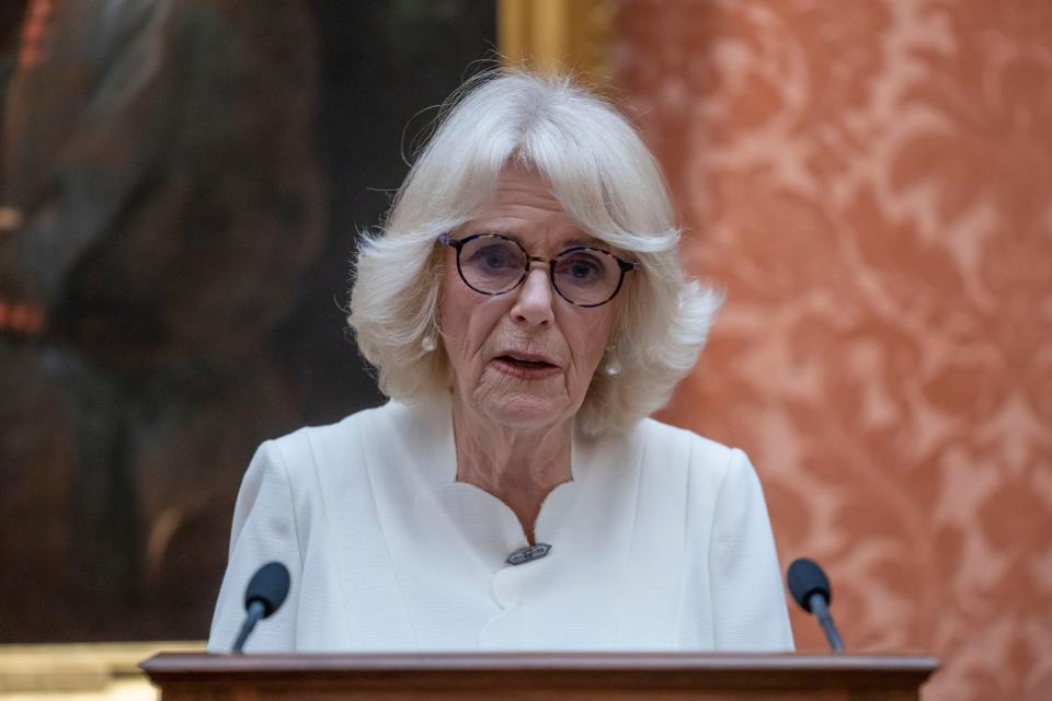 Camilla, Queen Consort, speaks during a reception to raise awareness about violence against women and girls at Buckingham Palace on November 29, 2022.