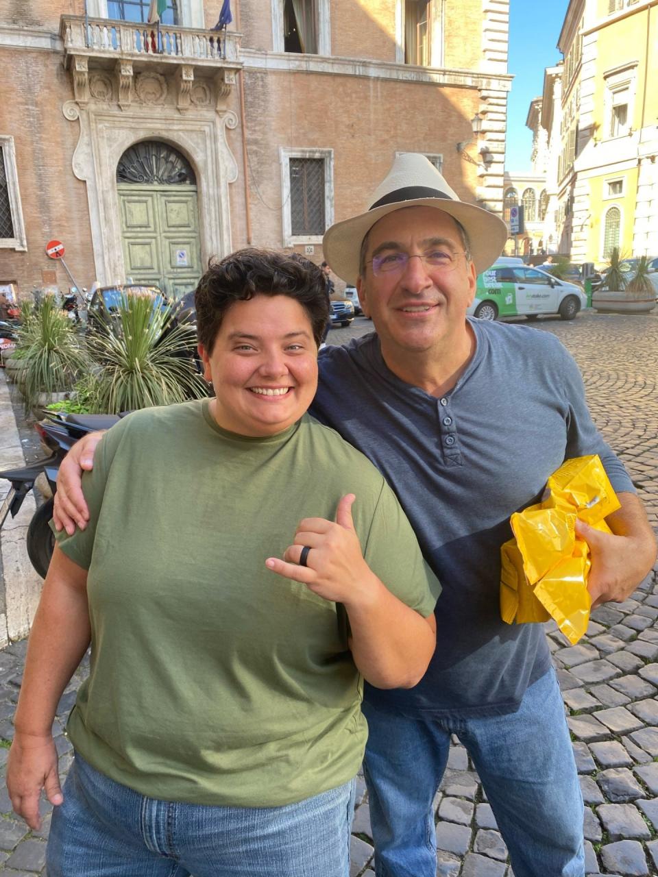 Chef Andrea Schnell and Sorelle co-owner Jon D'Allessandro pose for a photo in Piazza Sant'Eustachio in Rome during a trip to get inspiration for their restaurant.