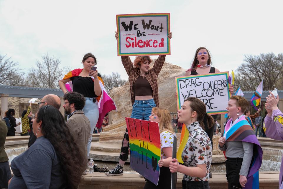 WT students protest for a second day Wednesday in response to the university president's cancellation and comments about an on-campus drag show in Canyon, Texas.