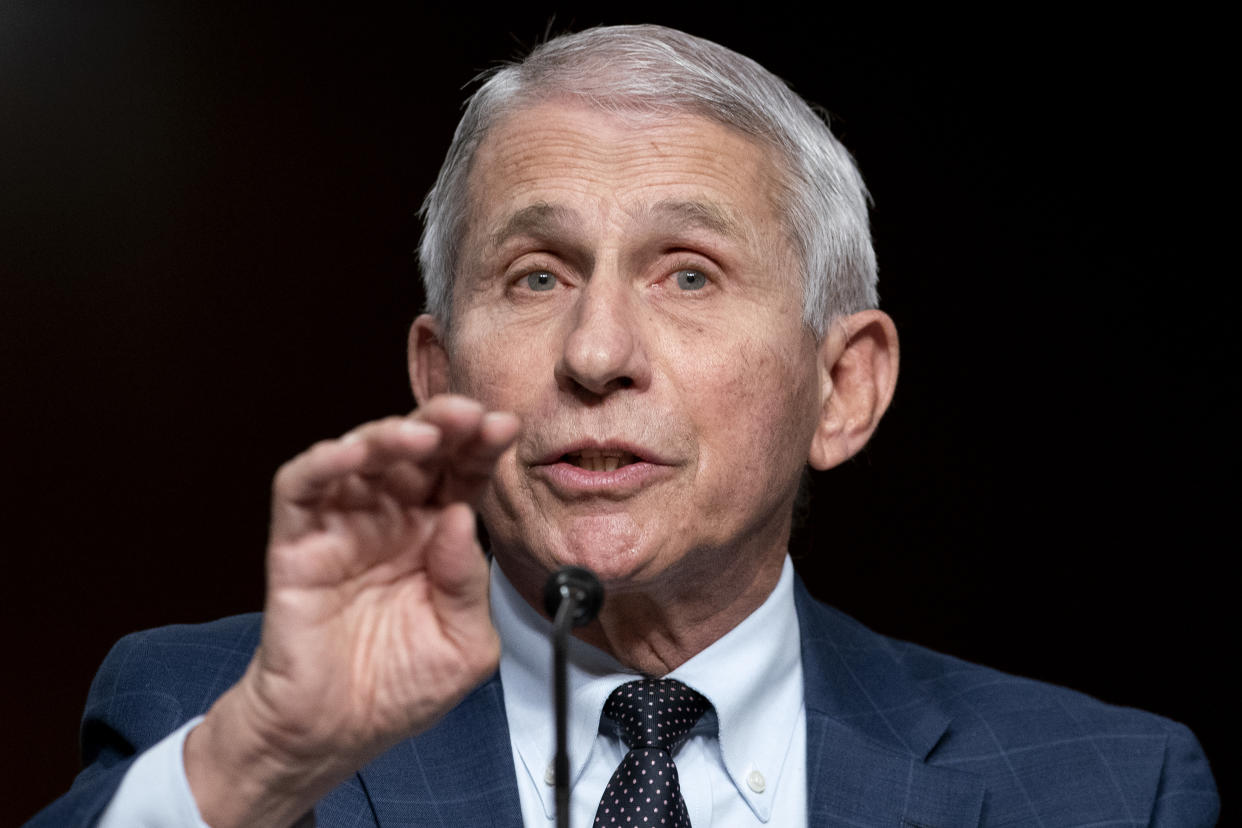 Dr. Anthony Fauci, director of the National Institute of Allergy and Infectious Diseases and chief medical adviser to the president, testifies before a Senate Health, Education, Labor, and Pensions Committee hearing to examine the federal response to COVID-19 and new emerging variants, Tuesday, Jan. 11, 2022 on Capitol Hill in Washington. (Greg Nash/Pool via AP)