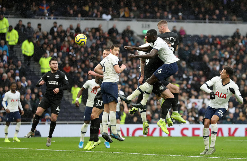 Brighton and Hove Albion's Adam Webster scores his side's first goal of the game during the Premier League match at the Tottenham Hotspur Stadium, London. (Photo by Bradley Collyer/PA Images via Getty Images)