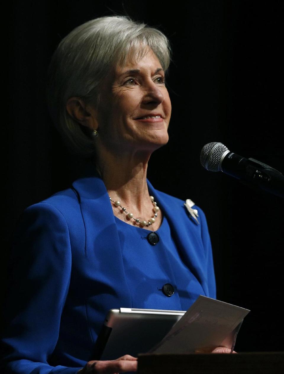 Health and Human Services Secretary Kathleen Sebelius delivers the keynote speech at the opening of the University of Colorado's annual Conference on World Affairs, in Boulder, Colo., on Monday, April 7, 2014. (AP Photo/Brennan Linsley)