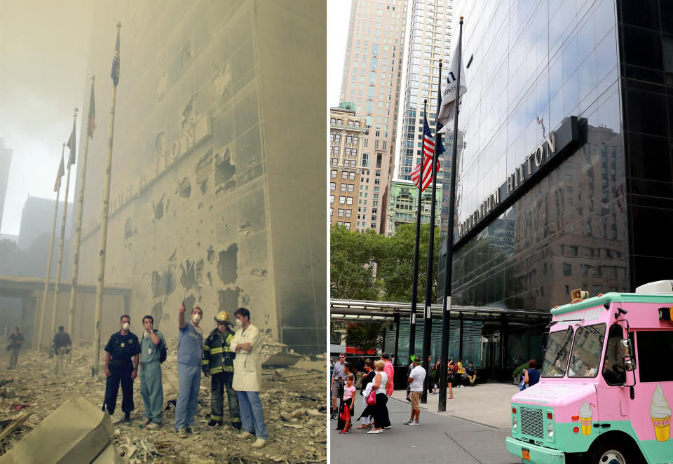 <p>Medical and emergency workers standing in front of the Millenium Hilton look toward where the World Trade Center towers used to be after the terrorist attack on the twin towers on Sept. 11, 2001, left; tourists stand outside the Millennium Hilton on Aug. 12, 2017. (Photos: Mark Lennihan/AP – Gordon Donovan/Yahoo News) </p>