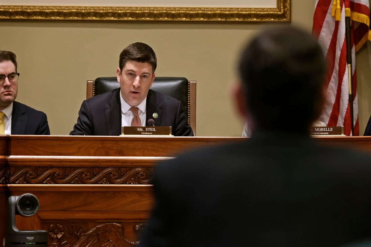 House Administration Committee Chairman Bryan Steil, R-Wis., questions Architect of the U.S. Capitol Brett Blanton during a committee hearing in the Longworth House Office Building on Capitol Hill on February 09, 2023 in Washington, DC. According to an inspector general's report, Blanton is accused of misusing resources, including his official vehicle for personal vacation, and masquerading as an off-duty police officer.