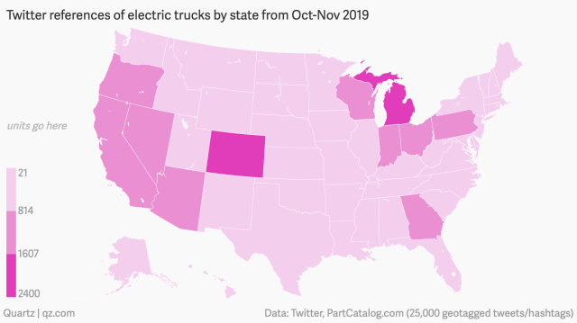 Twitter references of electric trucks by state from Oct-Nov 2019